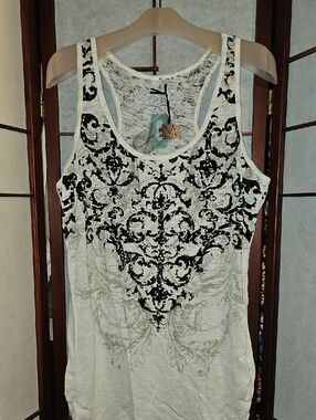 Maurices Premium White Tank Top with Black Ornate Scroll Design